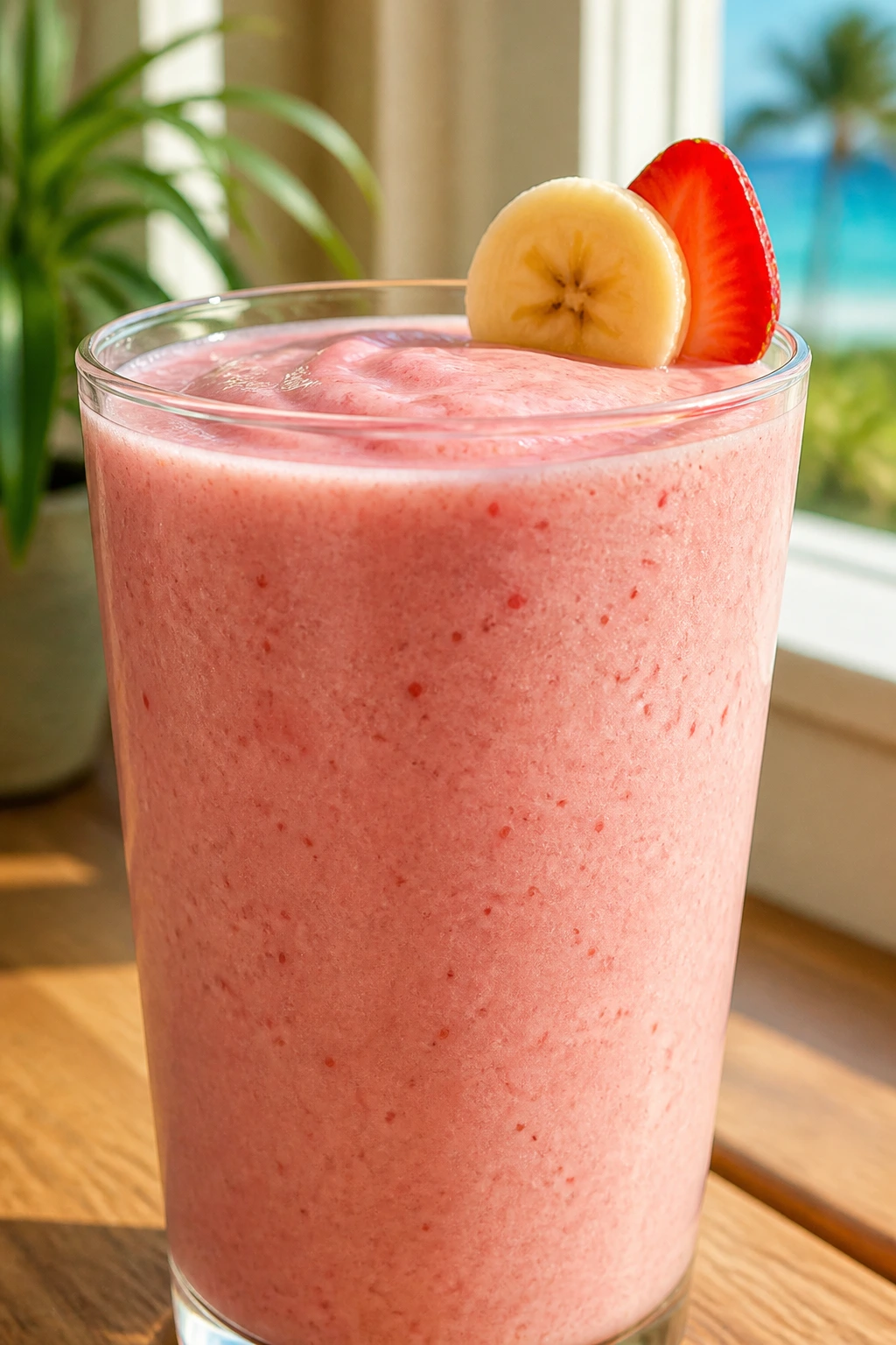 Close-up of Strawberry Banana Coconut Smoothie in glass, sunlit kitchen setting