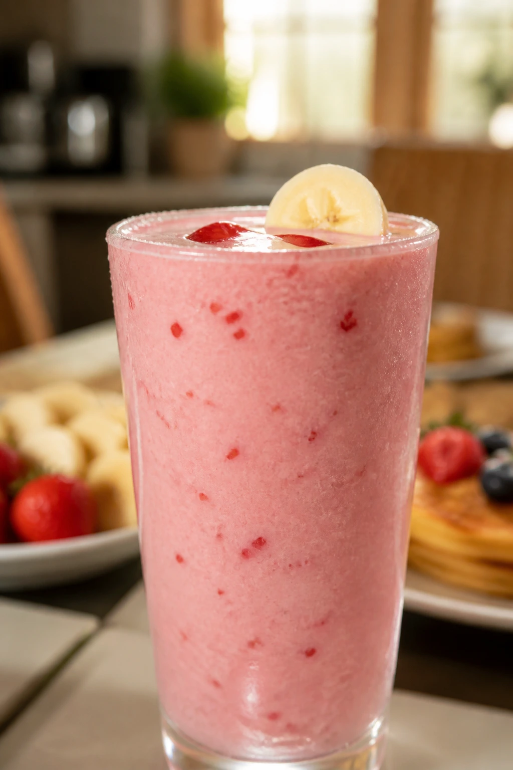 Thick strawberry banana smoothie in a glass on a brunch-ready table