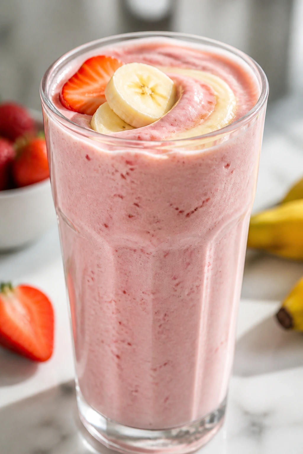 Thick strawberry banana yogurt smoothie in glass