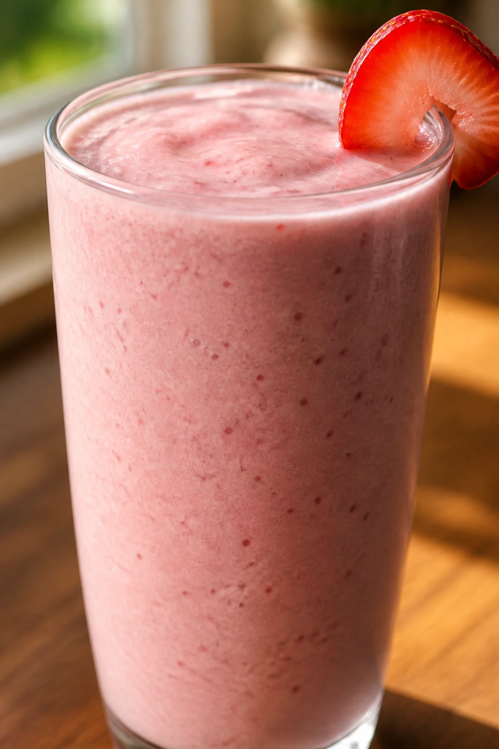 Close-up of pink strawberry banana smoothie in a glass with strawberry garnish