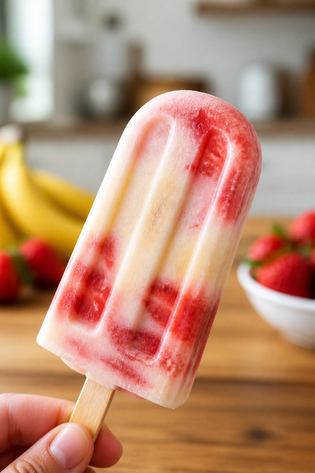 Close-up of strawberry banana yogurt popsicle with red swirl on wooden counter