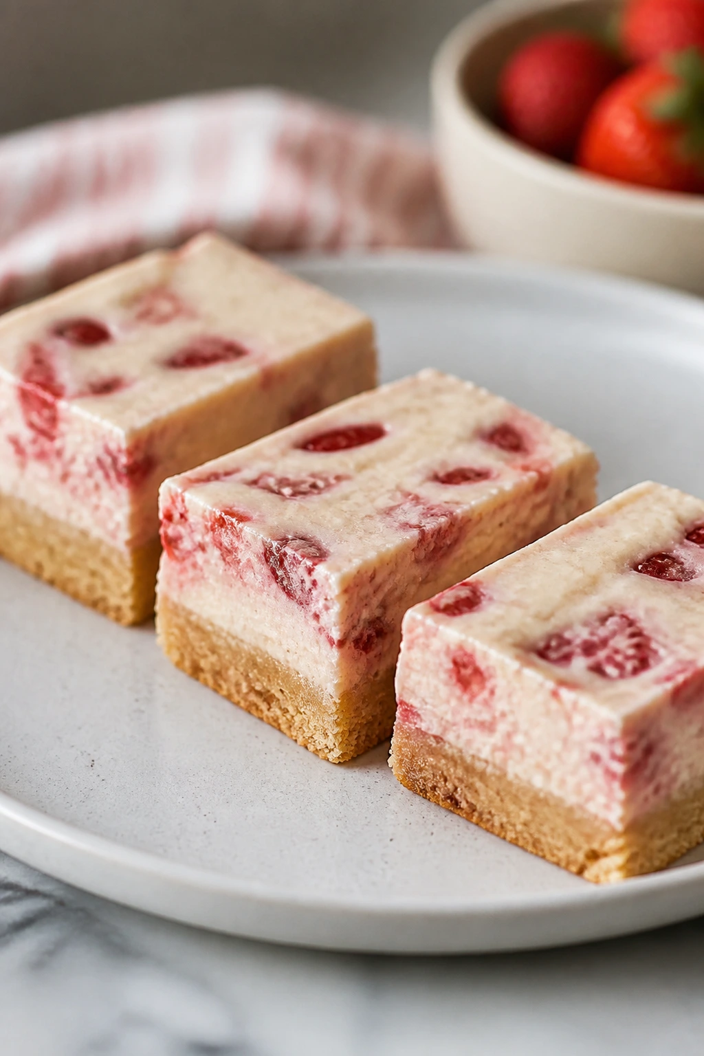 Strawberry cream cheese bars on a plate with visible creamy filling
