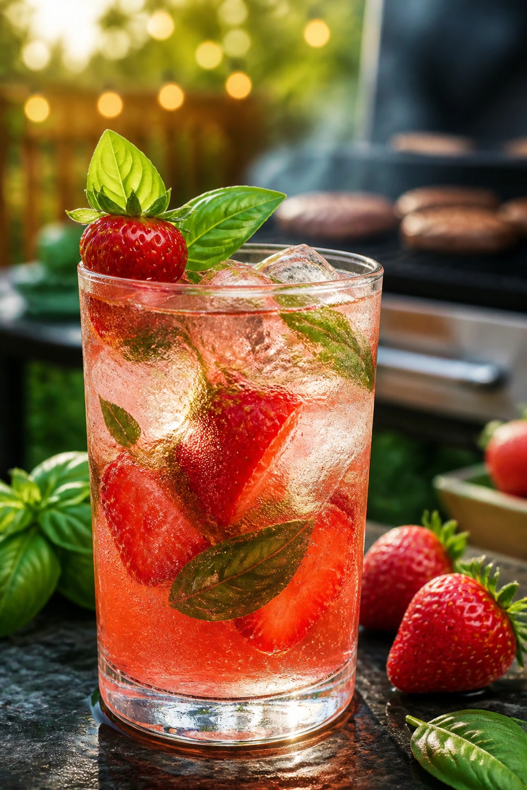 Strawberry basil gin fizz in a glass with berries and basil