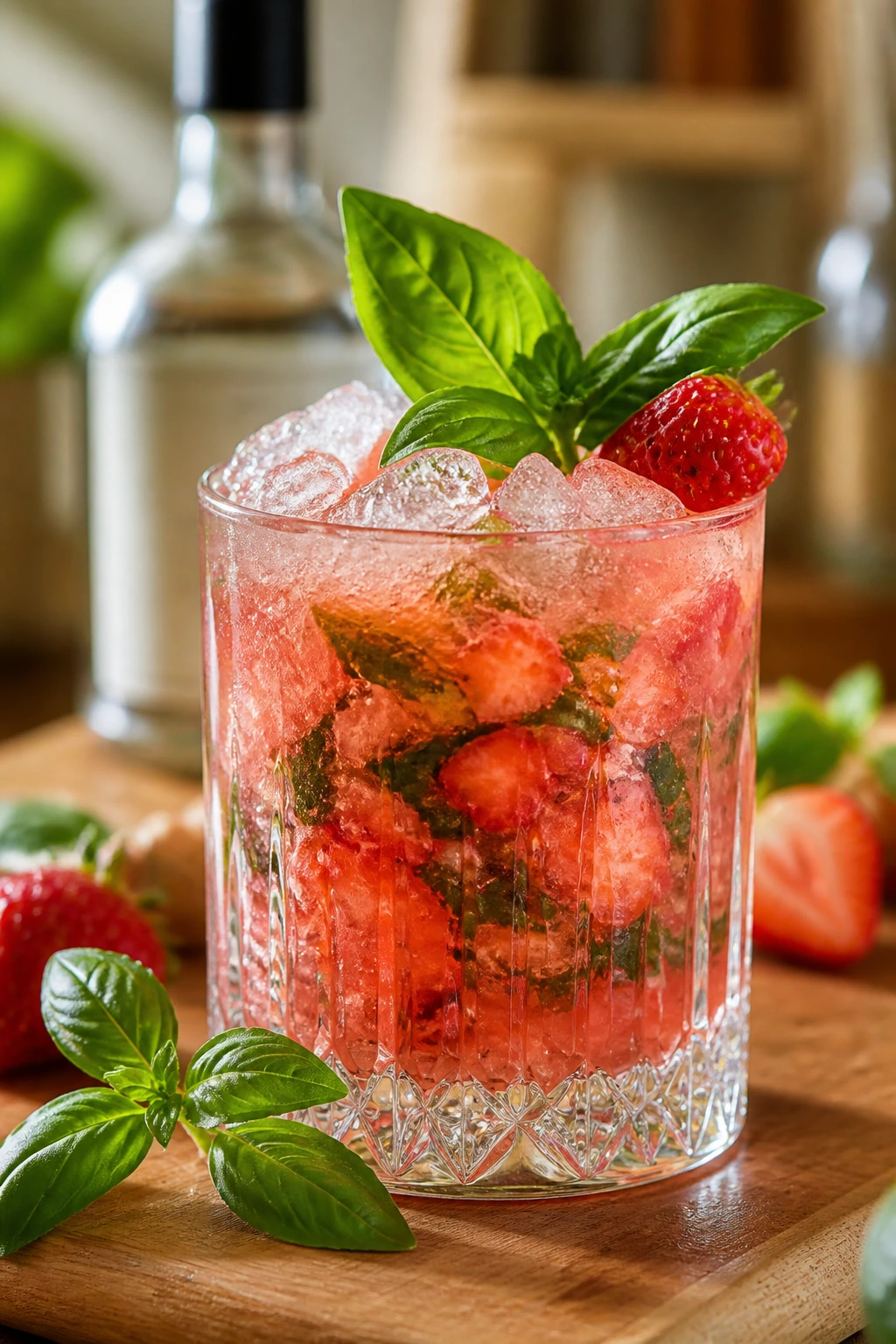 Close-up of a muddled strawberry basil gin smash with bright red berries and green basil on ice