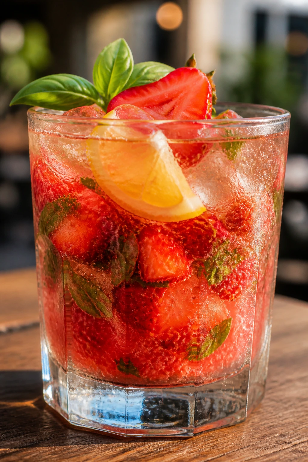 Rocks glass with muddled strawberry and basil and soda