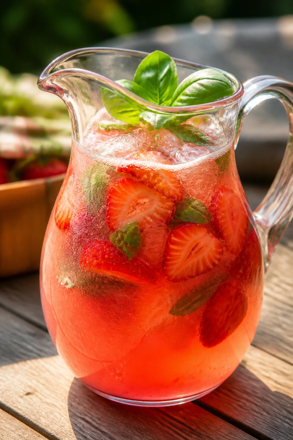Pink strawberry basil lemonade in pitcher on sunny table