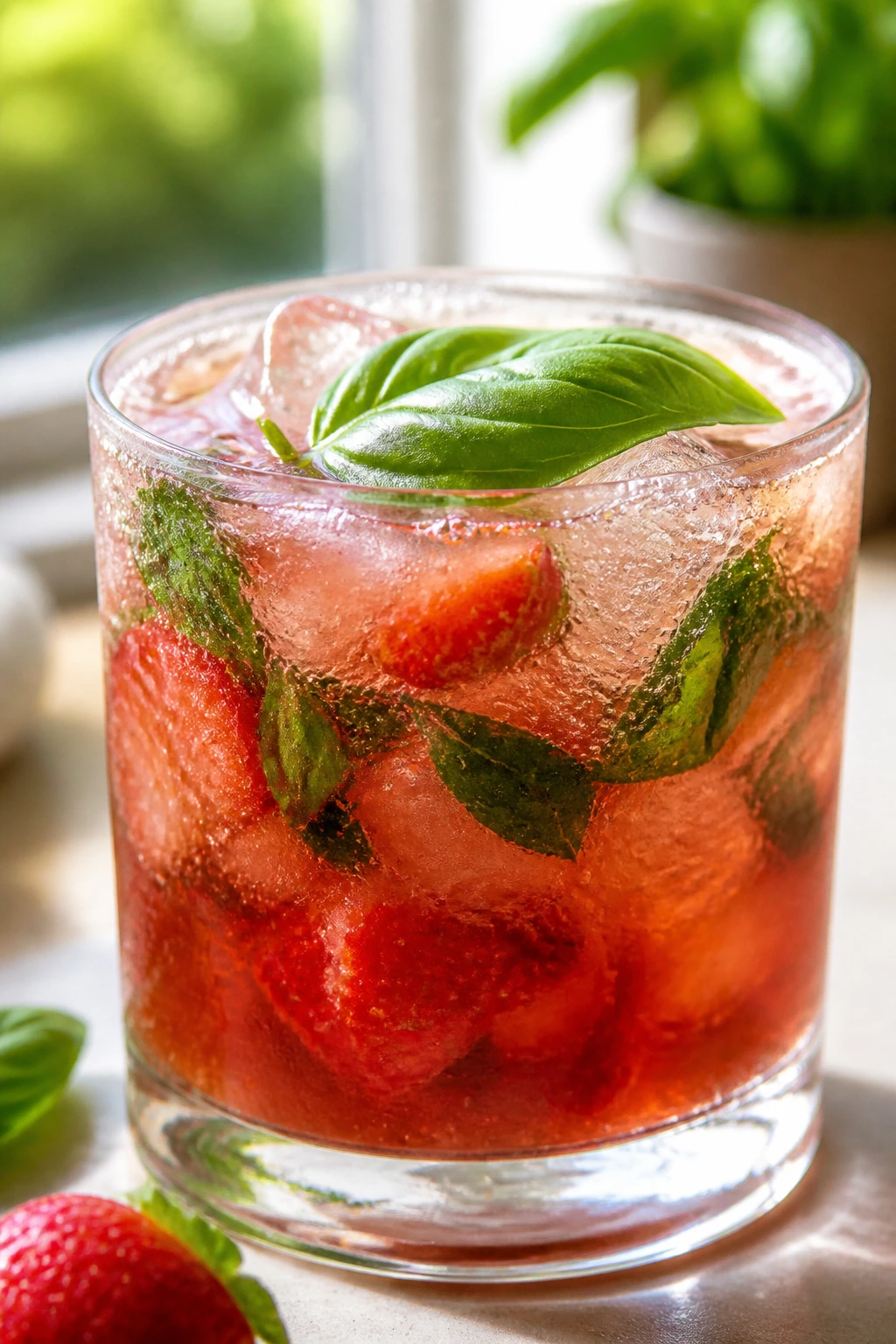 Strawberry Basil Smash in a rocks glass with muddled berries and basil