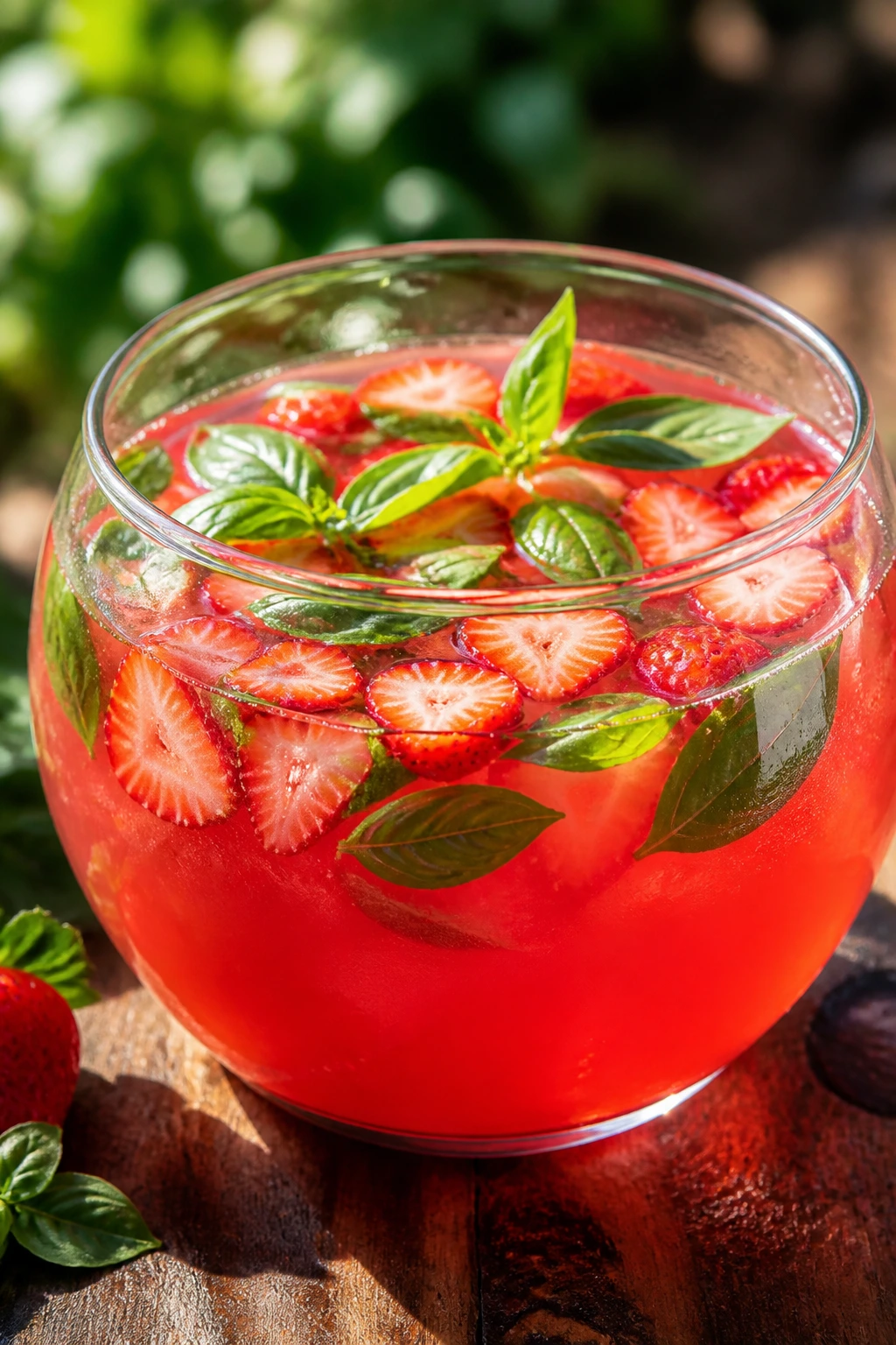Close-up of Strawberry-Basil Rum Punch in a glass with strawberries and basil on a sunlit wooden table
