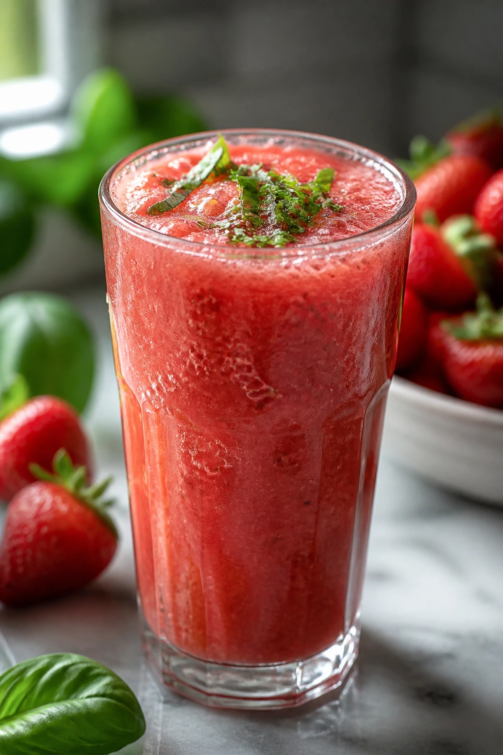 Tall glass of strawberry basil sparkler smoothie with basil garnish on a kitchen counter