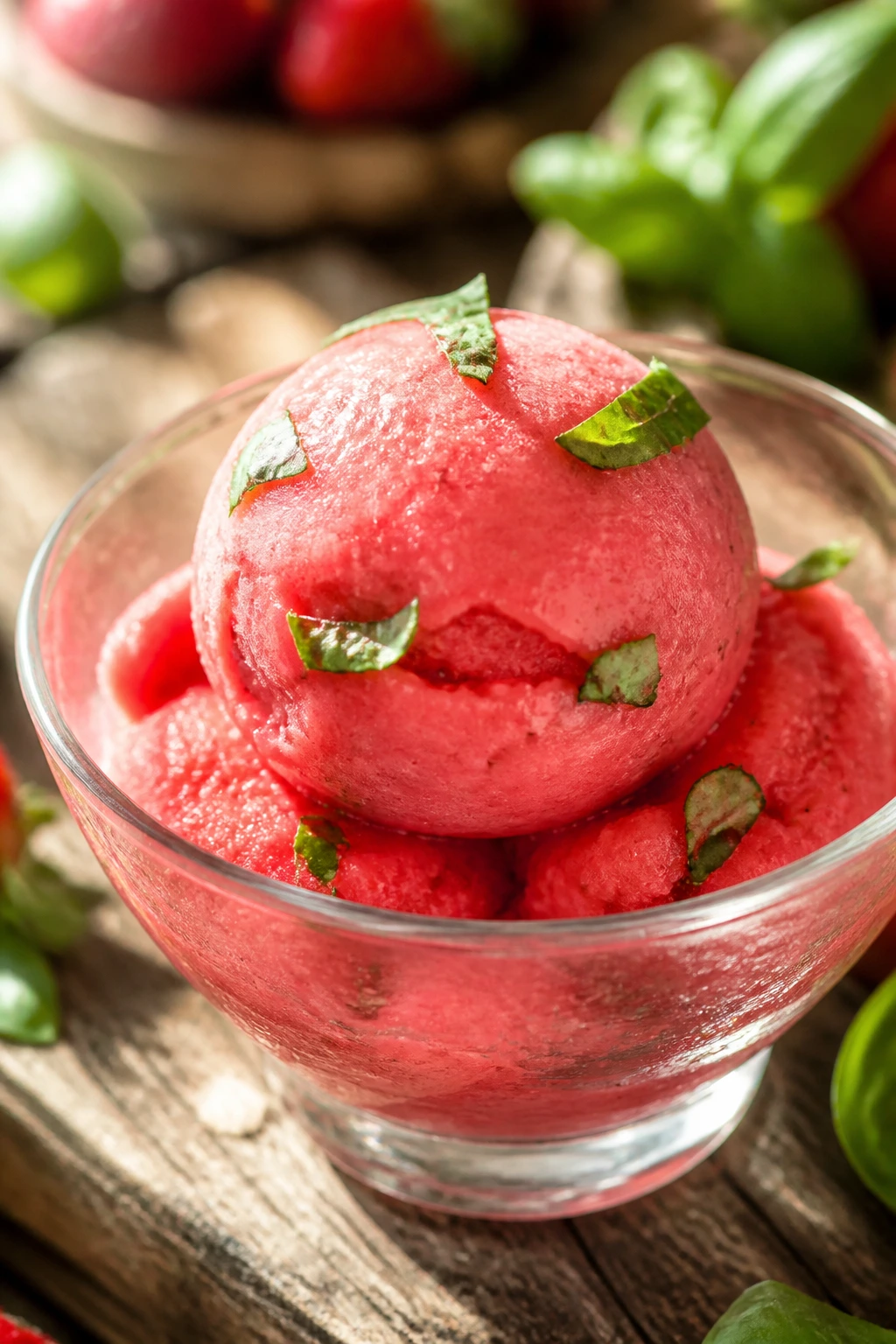 Close-up of bright pink strawberry basil sorbet in a glass dish on a sunlit wooden table