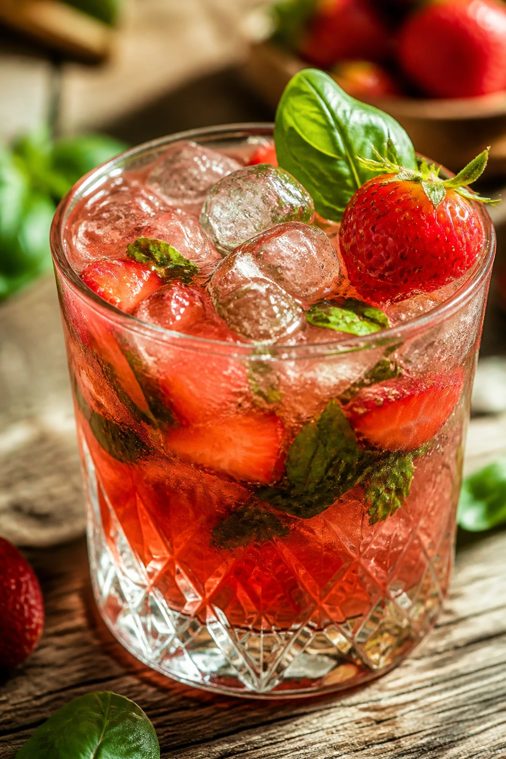 Close-up of a Strawberry Basil Vodka Smash in a rocks glass with muddled berries and basil