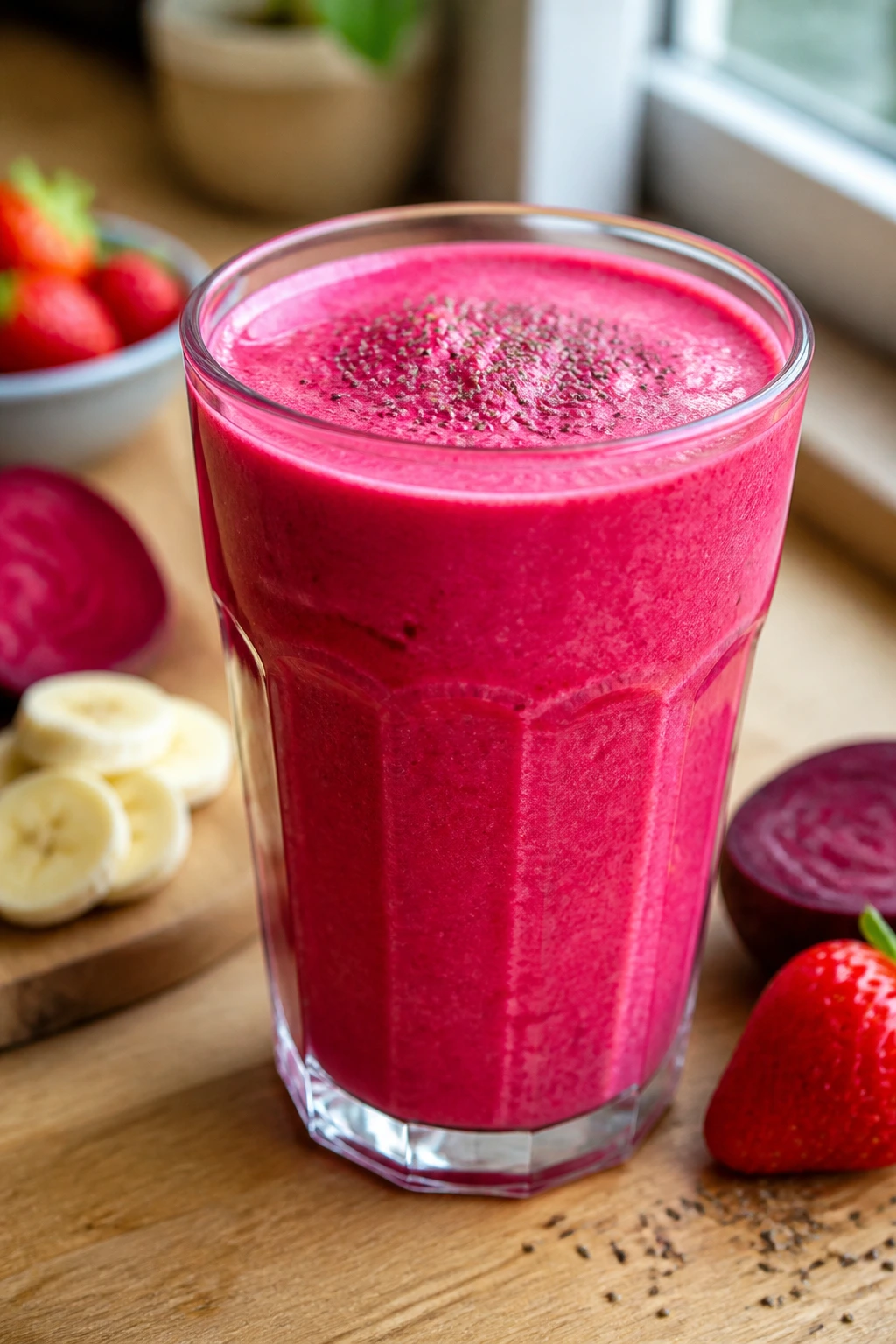 Close-up of bright pink strawberry beet banana smoothie in a clear glass on a wooden counter