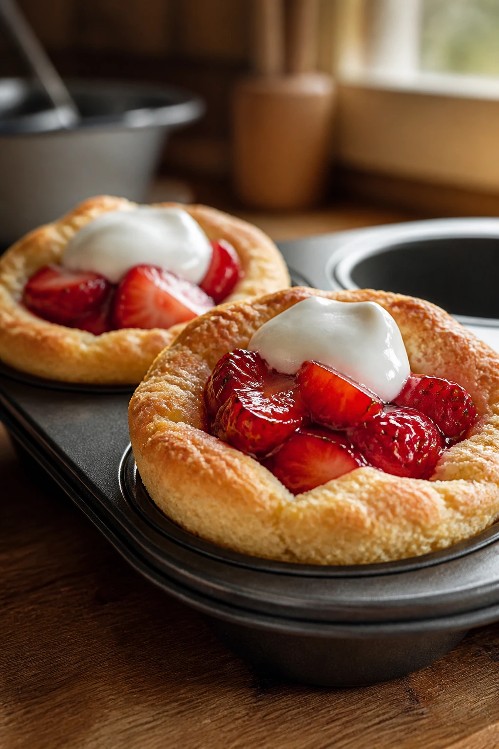 Strawberry shortcake biscuit cups with yogurt topping in muffin tin