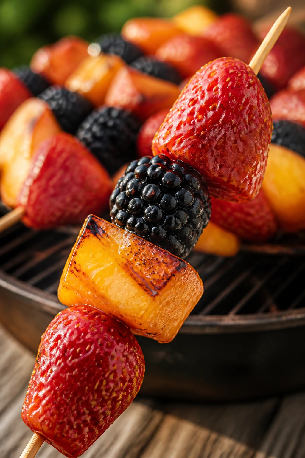 Skewers of strawberry, blackberry, and peach with honey glaze