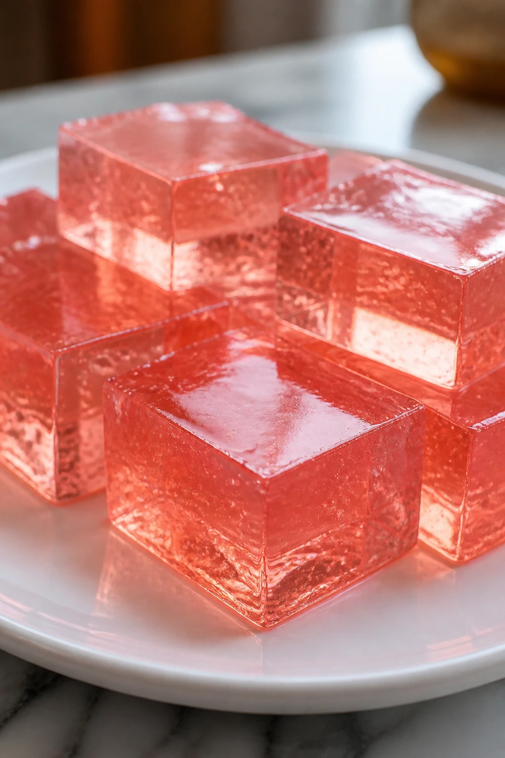Pink strawberry champagne jellies on a white plate