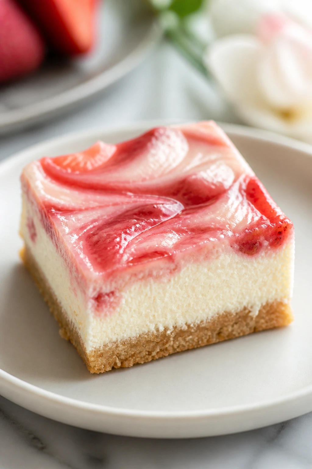Close-up of Strawberry Cheesecake Bar showing crust, creamy filling, and pink strawberry swirl.