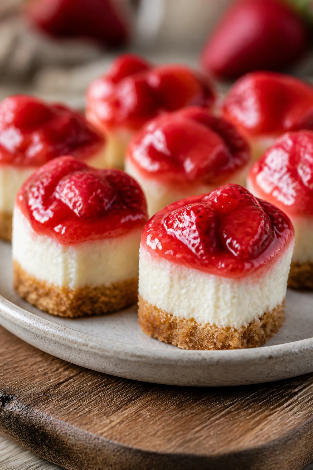 Close-up of strawberry cheesecake bites on a rustic plate with strawberry topping