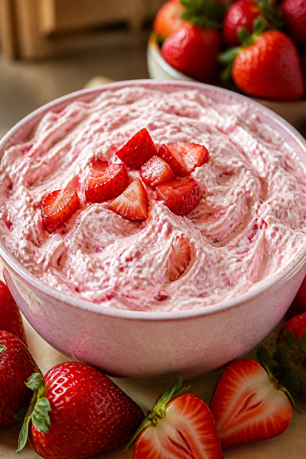 Creamy strawberry cheesecake dip with fresh strawberries on a plate