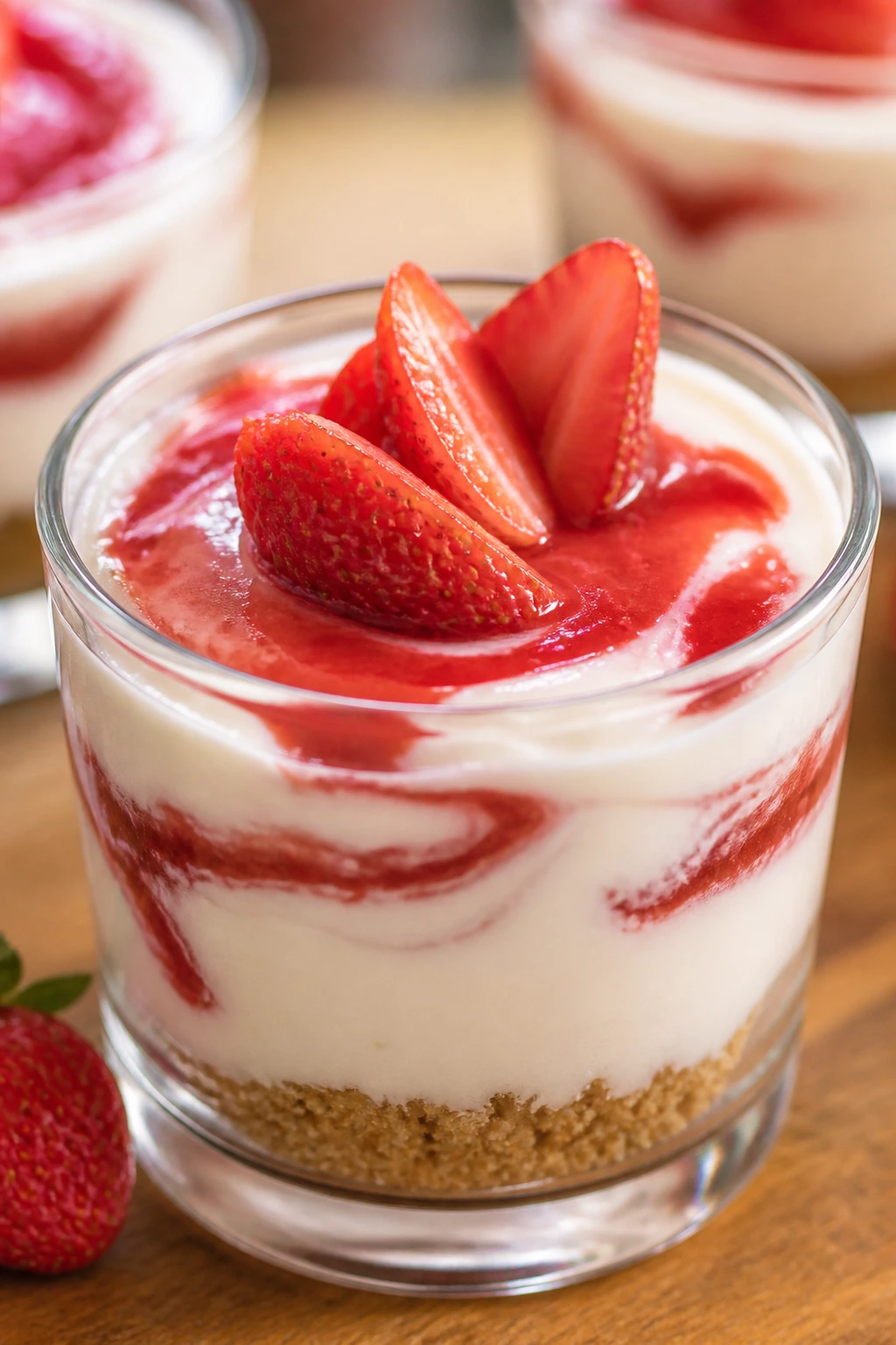 Close-up of strawberry cheesecake mousse cup with strawberry swirl