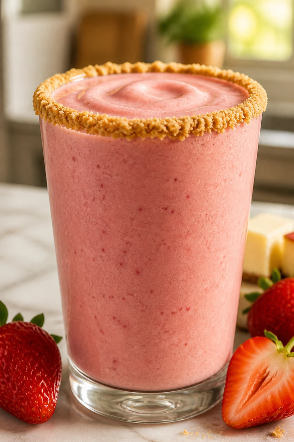 Pink strawberry cheesecake smoothie in a glass with graham cracker rim
