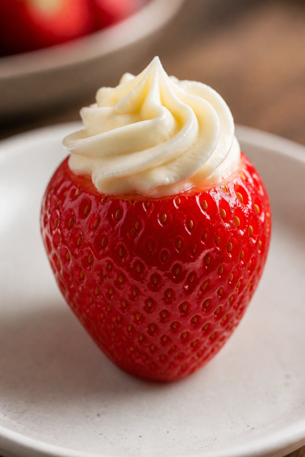 Close-up of a cheesecake-stuffed strawberry with visible filling