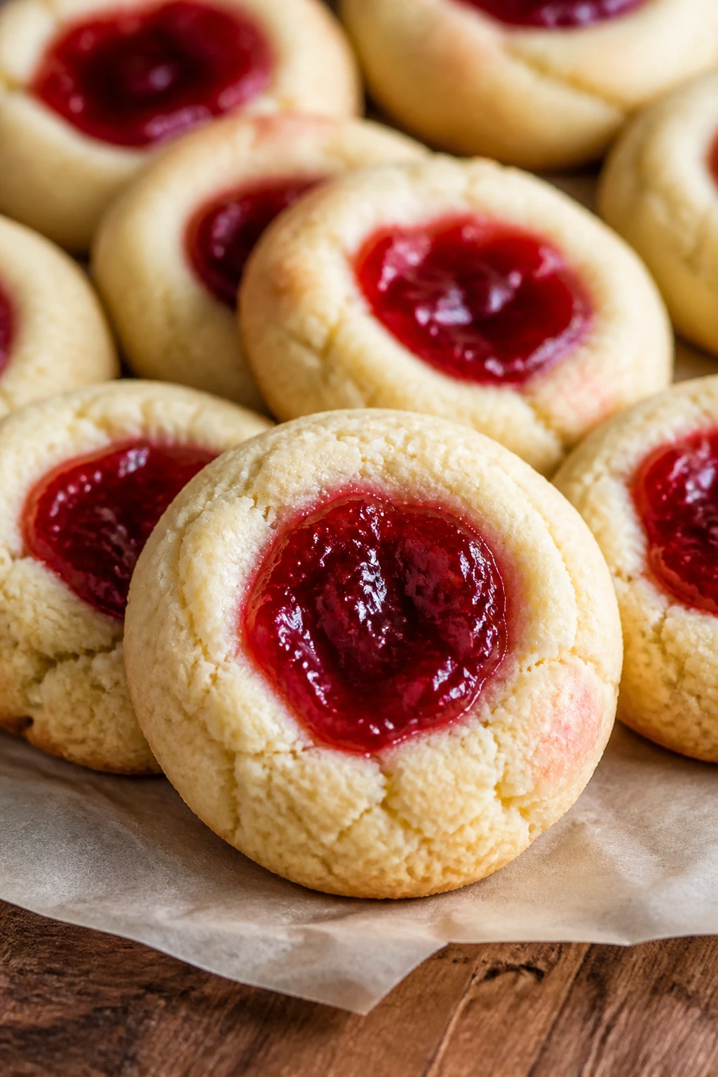 Close-up of Strawberry Cheesecake Thumbprints with strawberry centers