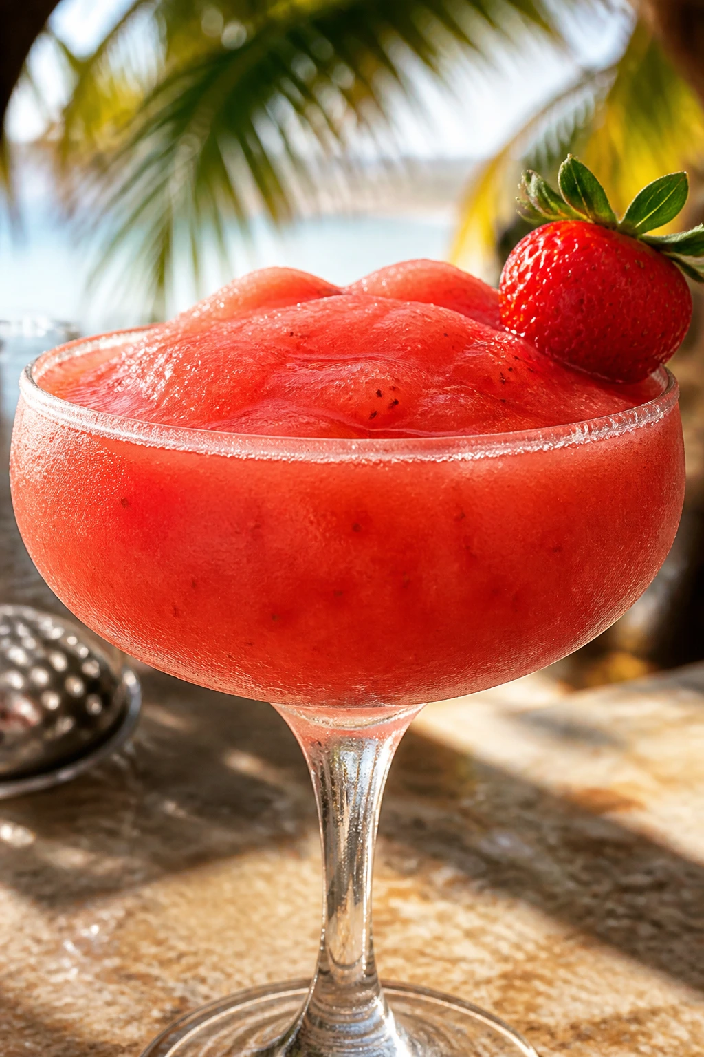 Close-up of a strawberry daiquiri in a coupe glass at a tropical bar