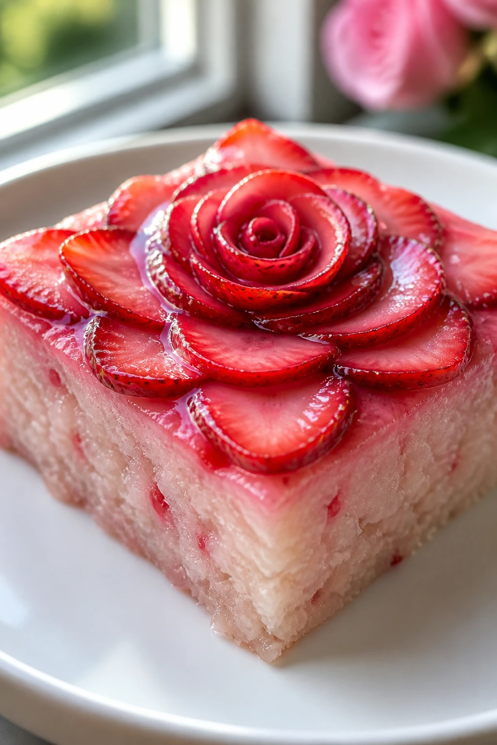 Coconut rice cake with strawberry rose topping on plate.