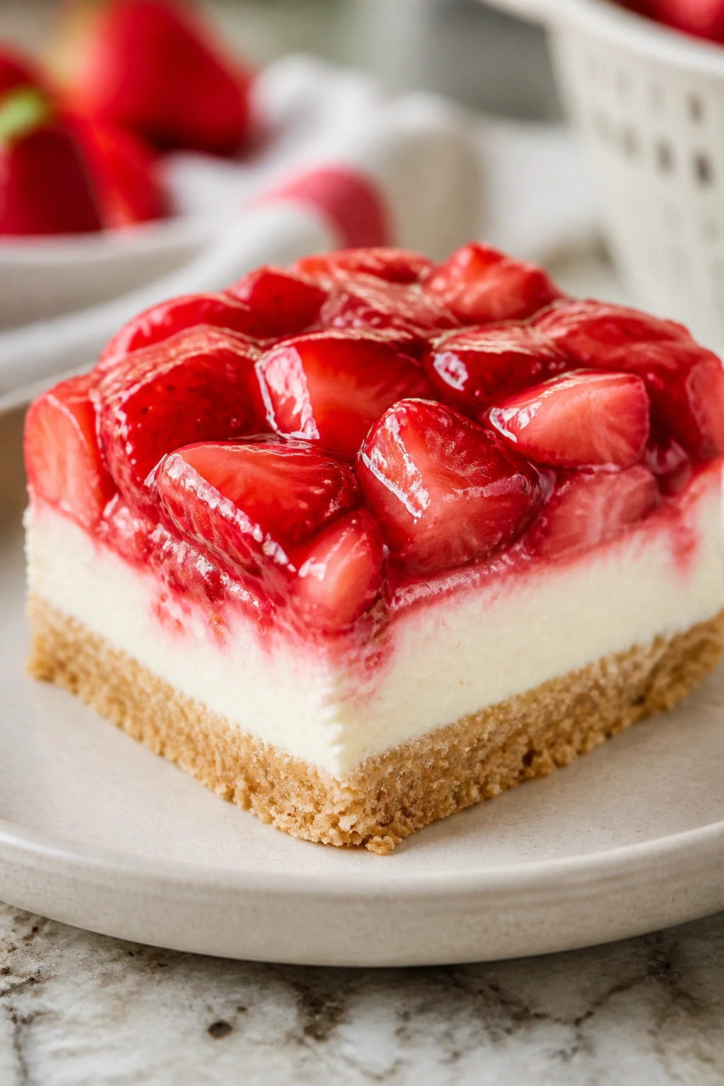 Close-up of strawberry cream cheese bar slice with creamy layer and strawberry topping on a plate.