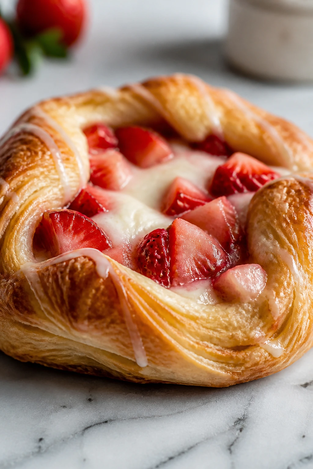 Strawberry cream cheese Danish showing filling and flaky pastry