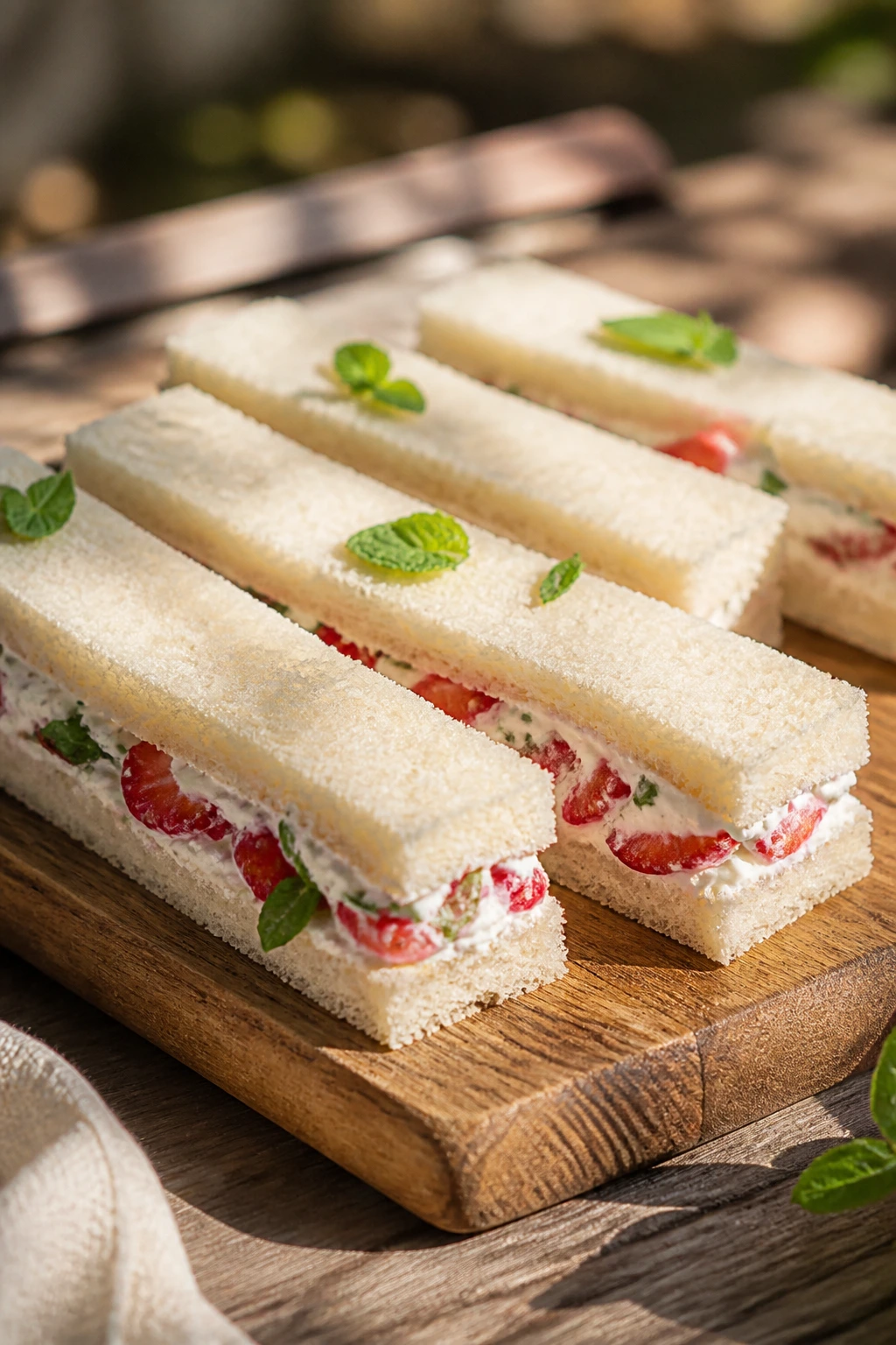 Close-up of strawberry cream cheese and mint finger sandwiches on a picnic board