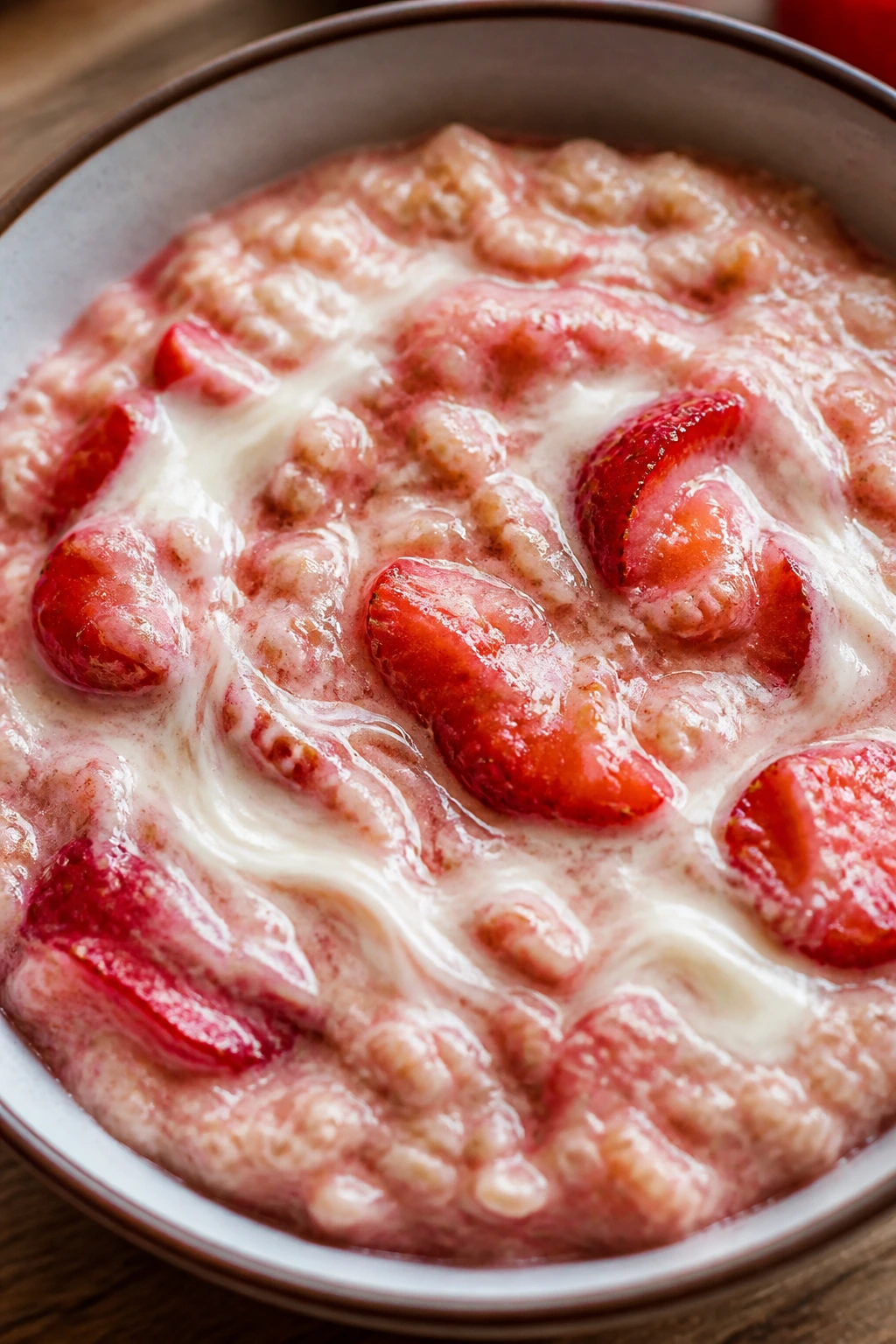 Strawberry cream cheese oatmeal close-up in a cozy kitchen