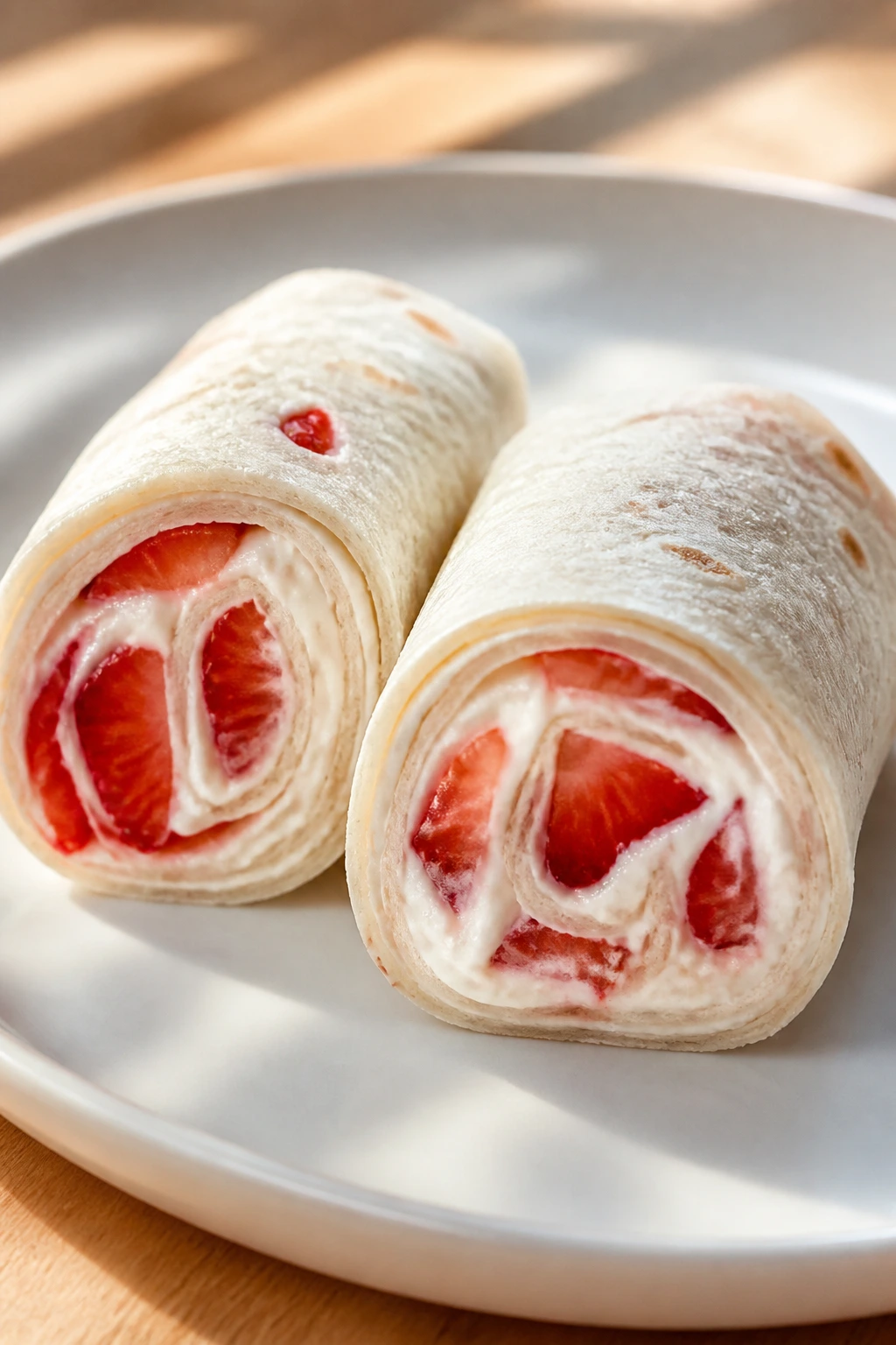 Close-up of strawberry cream cheese roll-ups sliced on plate