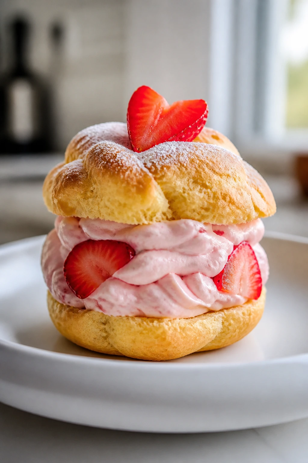 Strawberry cream puff with strawberry garnish.