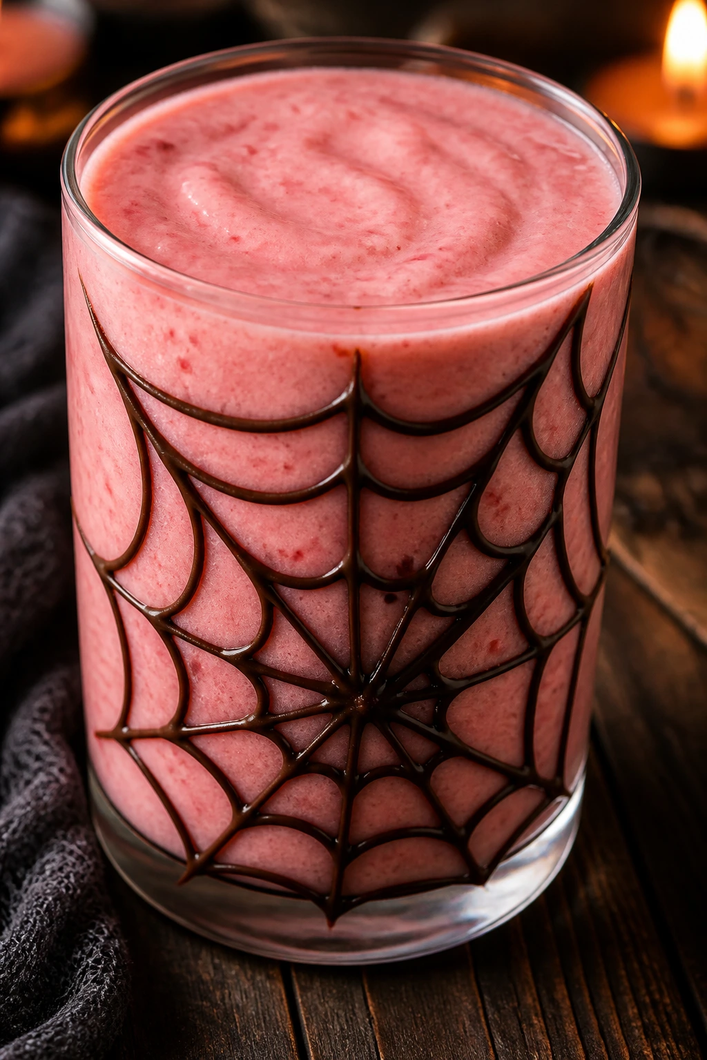 Close-up of Strawberry Cream Spider Smoothie with chocolate spiderweb in a clear glass