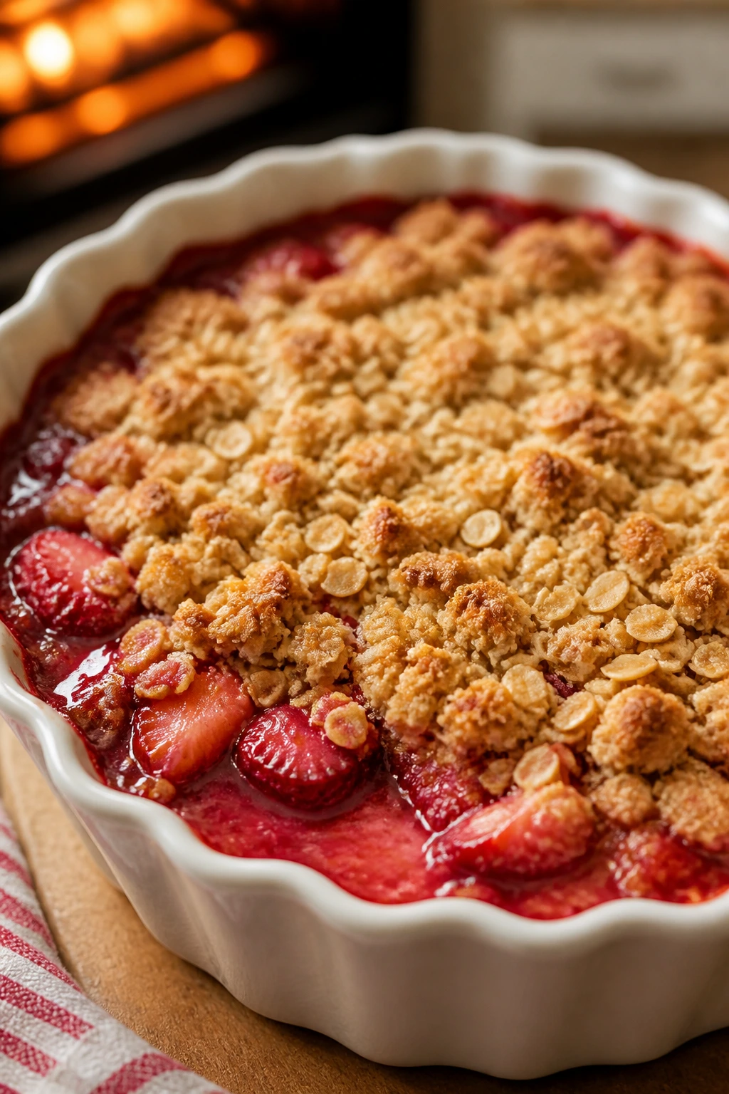 Close-up of bubbling strawberry crisp with oat topping in an 8-inch baking dish