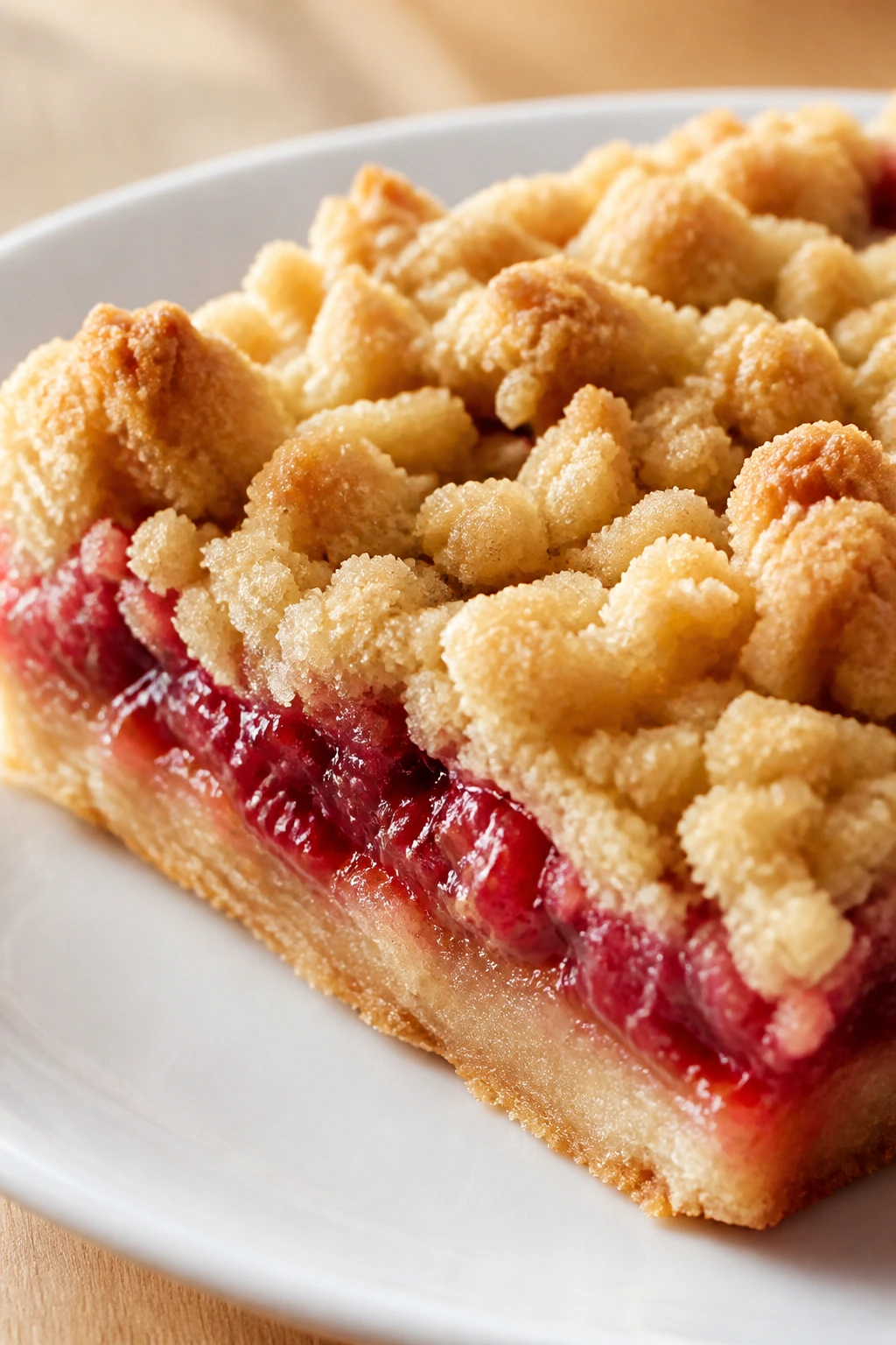 Strawberry crumb bar close-up on plate showing crumb topping and strawberry filling