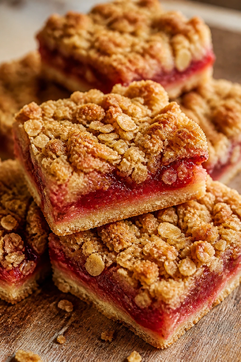 Close-up of strawberry crumble bars on a wooden board, highlighting jammy filling and oat crumble
