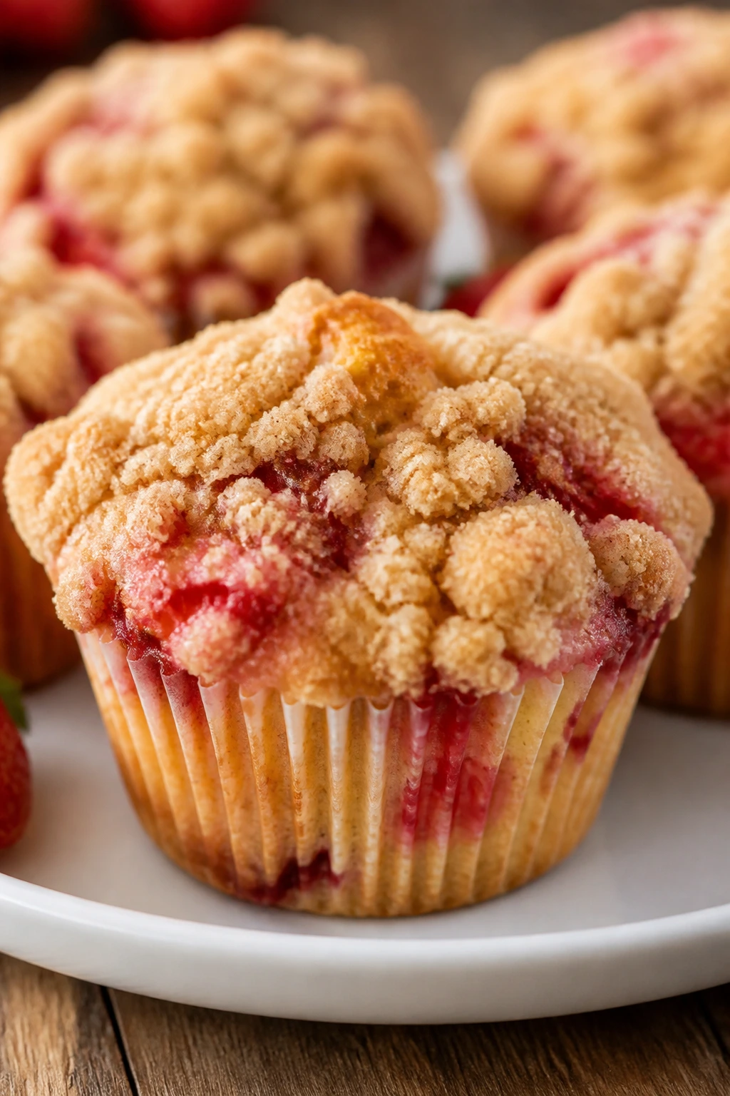 Strawberry crumble muffin close-up with crumb topping
