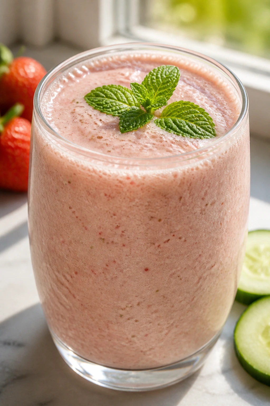 Strawberry cucumber smoothie in a glass with mint garnish