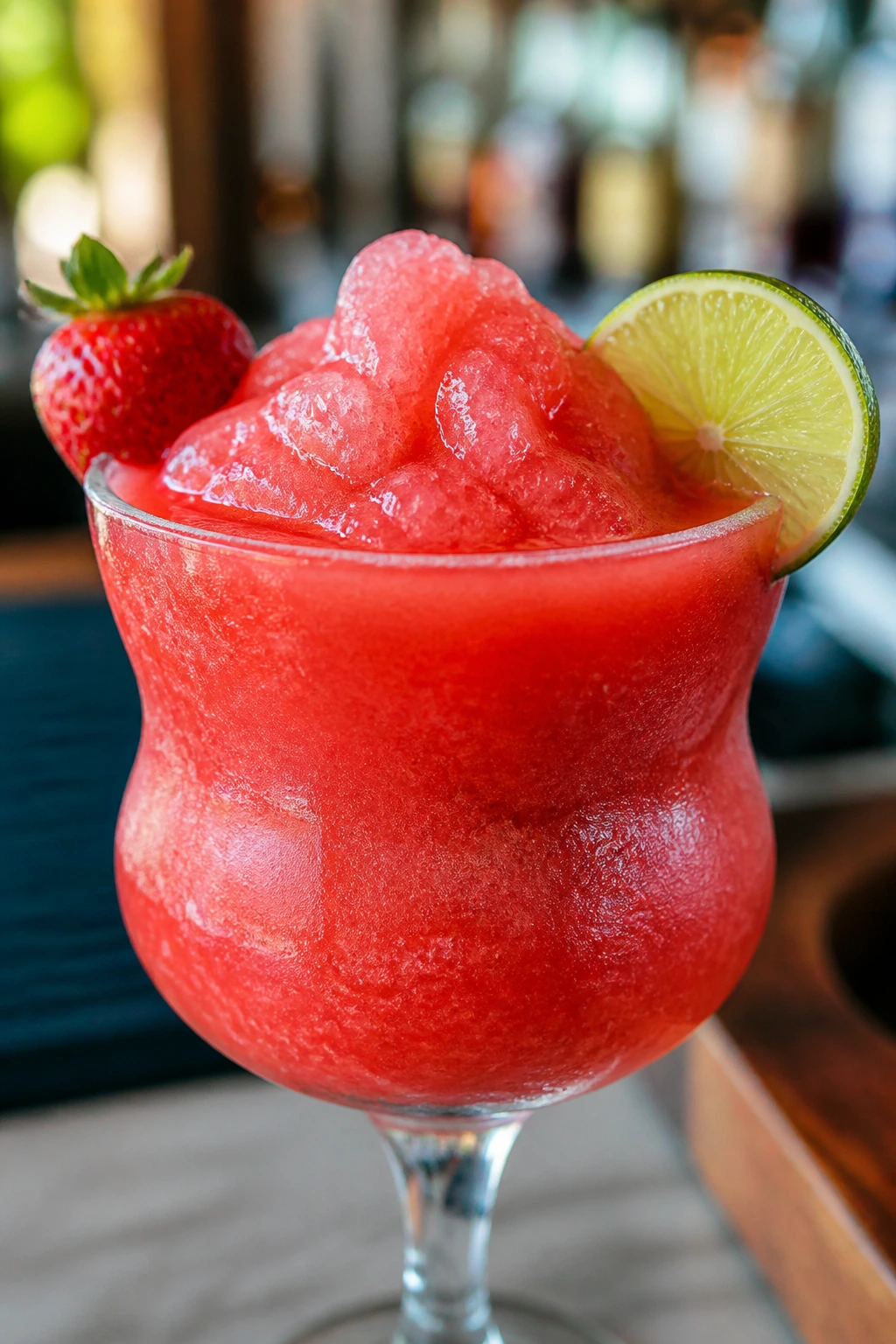 Close-up of strawberry daiquiri glass with lime wheel on a bar