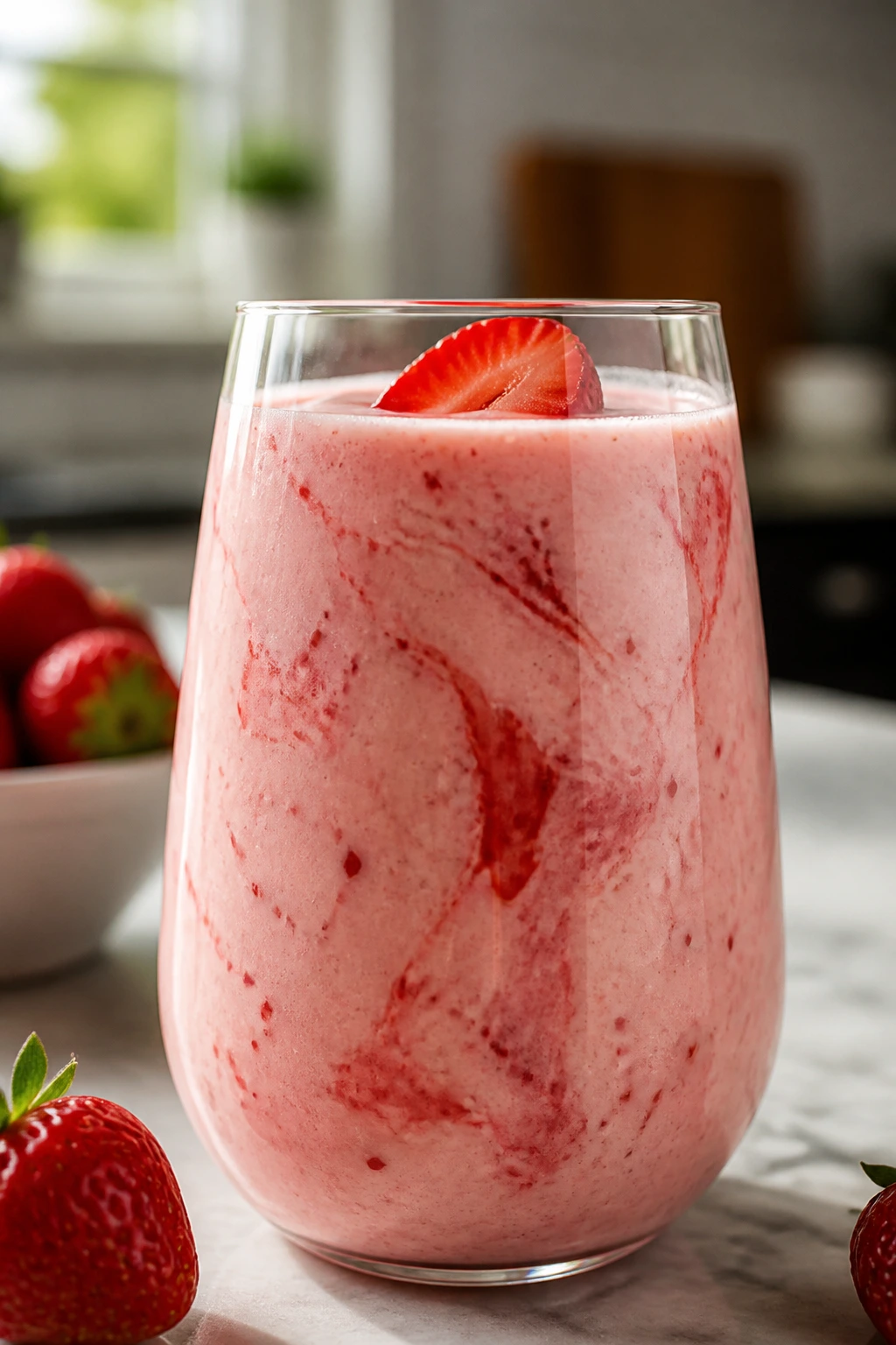 Strawberry Earl Grey smoothie in glass on kitchen counter