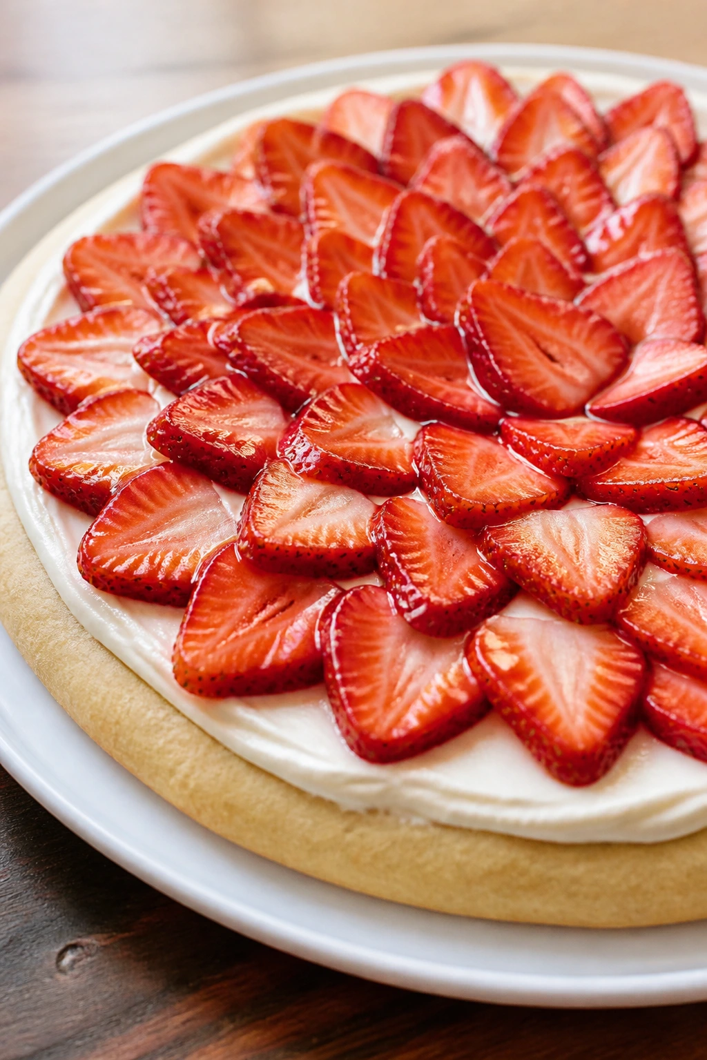 Strawberry fruit pizza on plate with strawberries