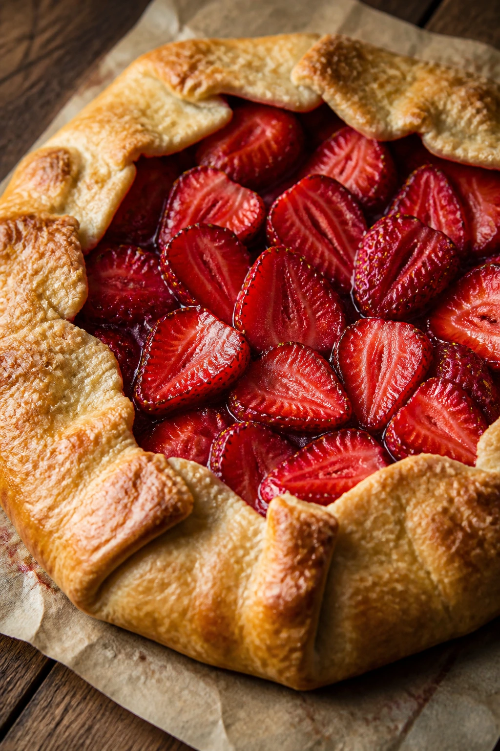 Rustic strawberry galette on parchment and wood
