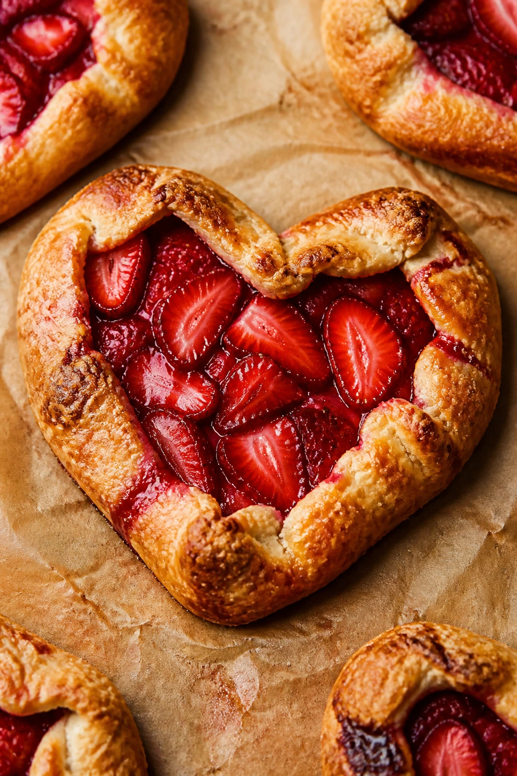 Heart-shaped strawberry galette with glossy filling