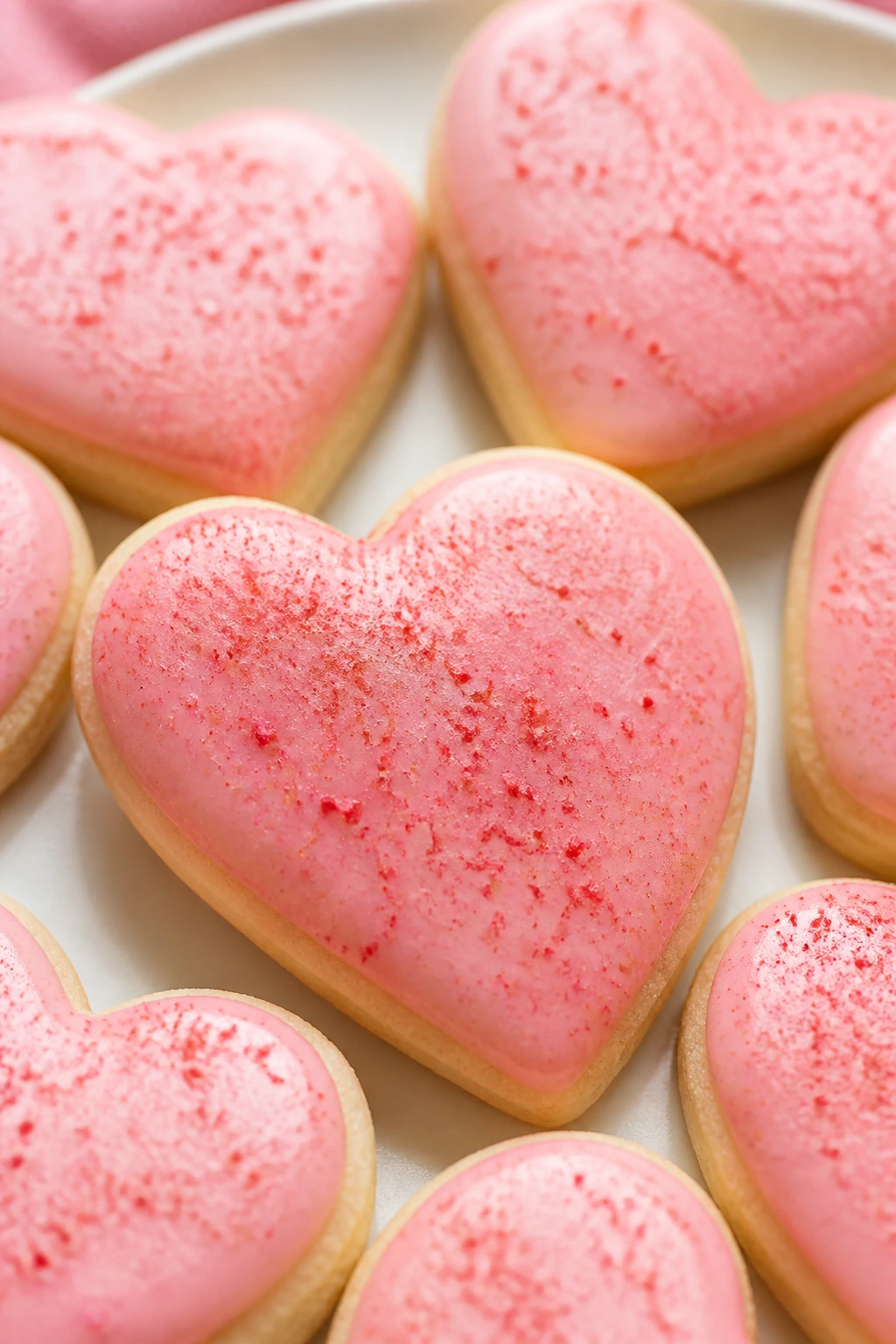 Pink strawberry glaze heart cookies on plate with powder dust