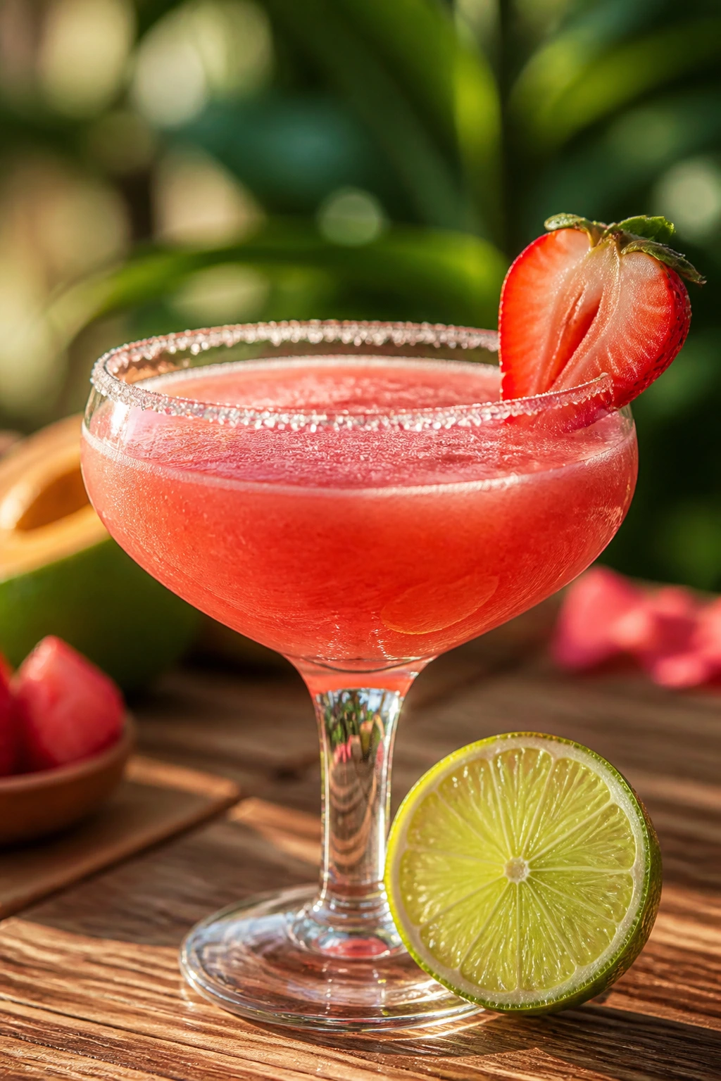 Bright pink strawberry guava daiquiri in a sugared coupe on a sunlit patio