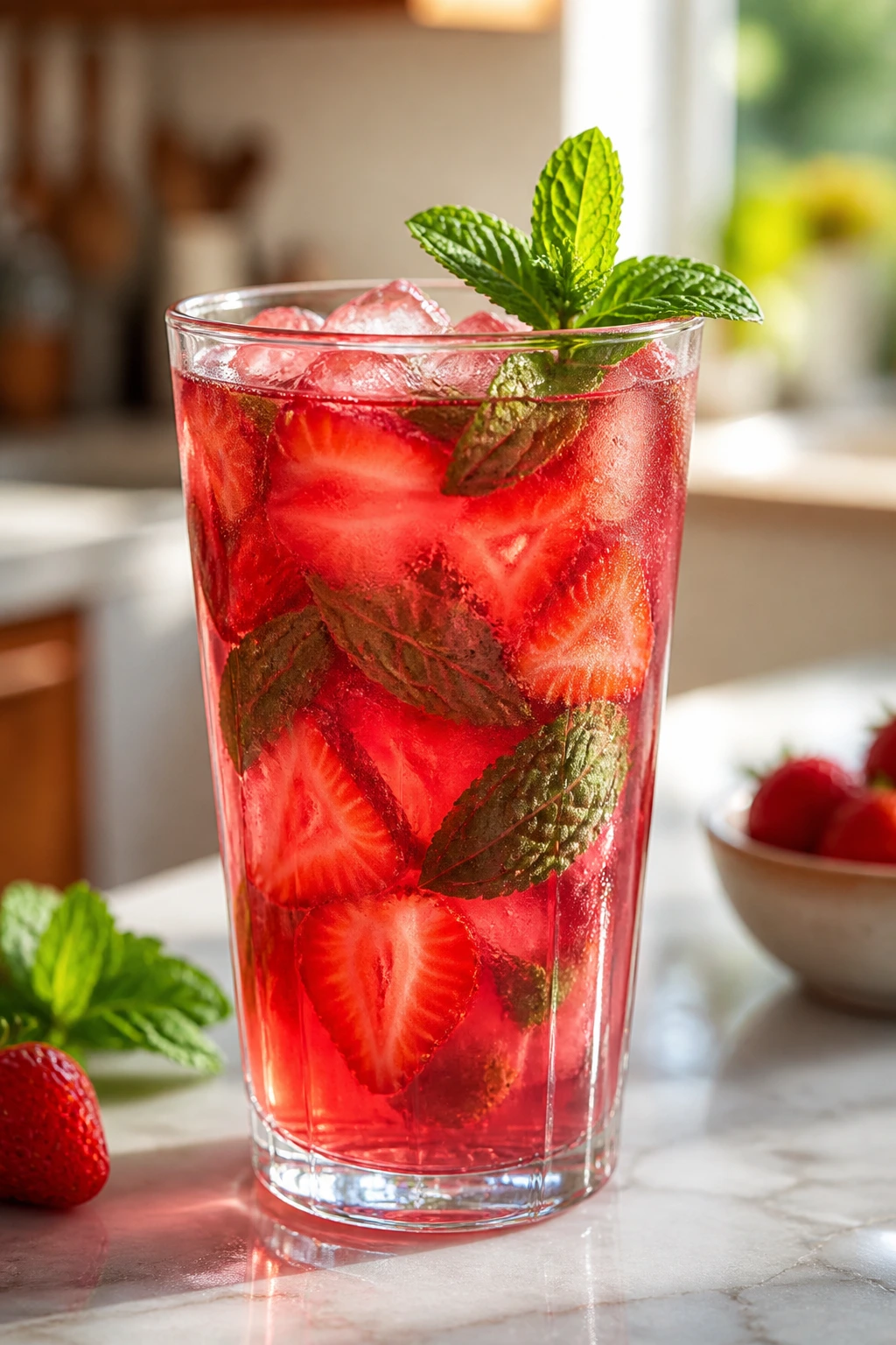 Pink hibiscus tea with strawberries and mint in a glass