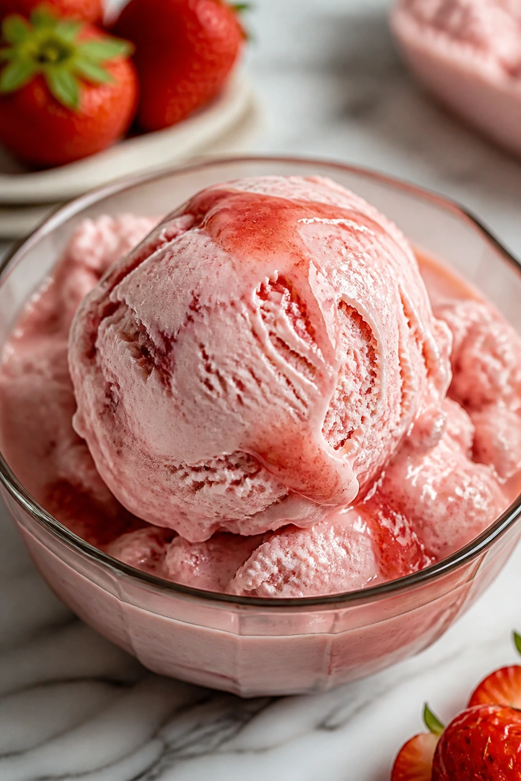 No-churn strawberry ice cream scoop in bowl