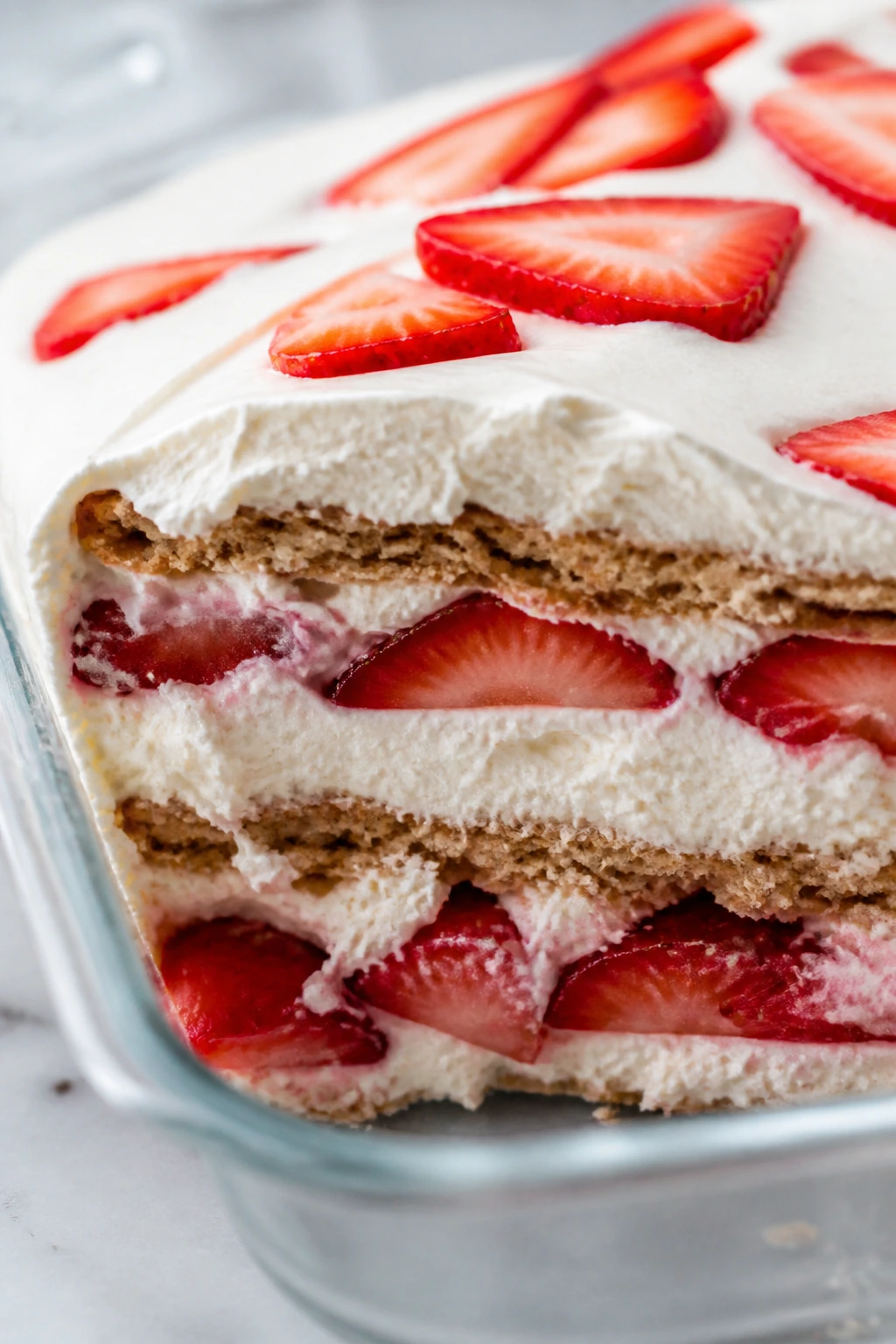 Slice of strawberry icebox cake with cream layers and strawberries